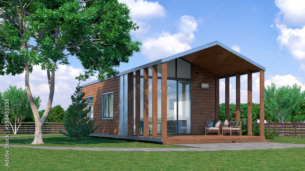 Exterior of modular luxury house. 3d illustration