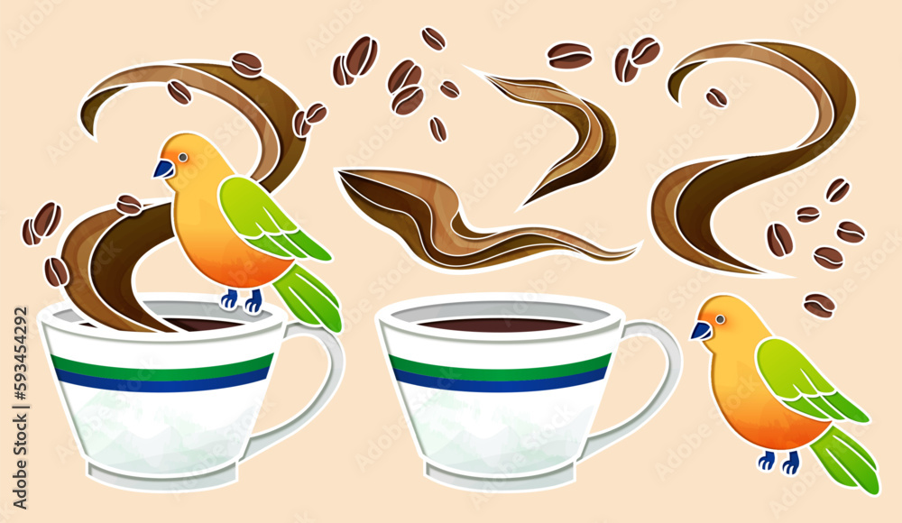 Coffee bean and birds element set