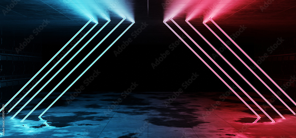 Cyber neon laser Interior. Garage room hangar with sci fi glowing blue red tubes. Futuristic dark tu