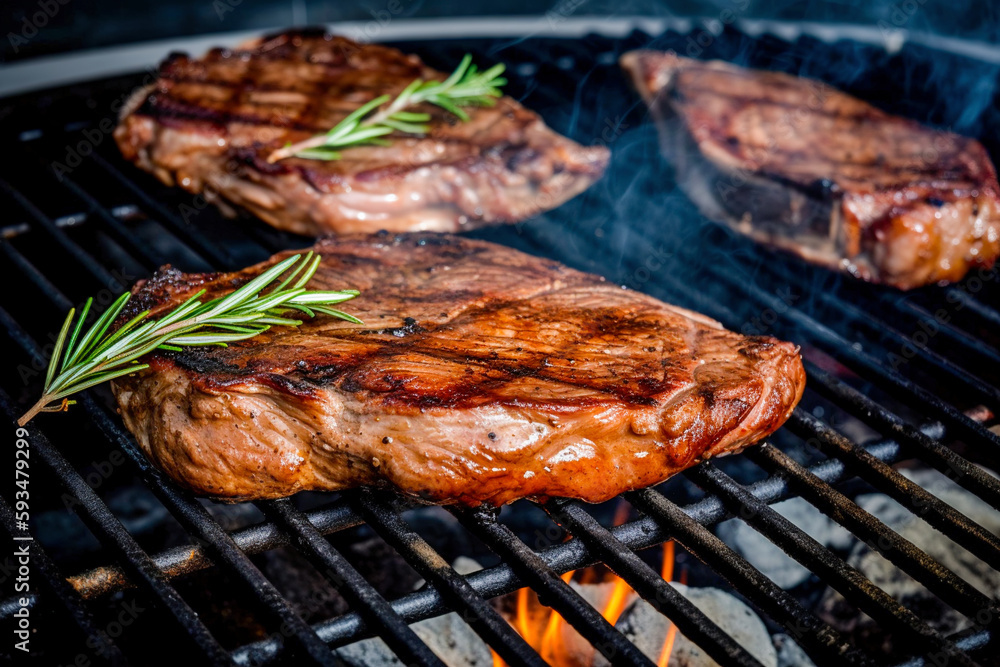 Beef steak on the grill with smoke and flames. 