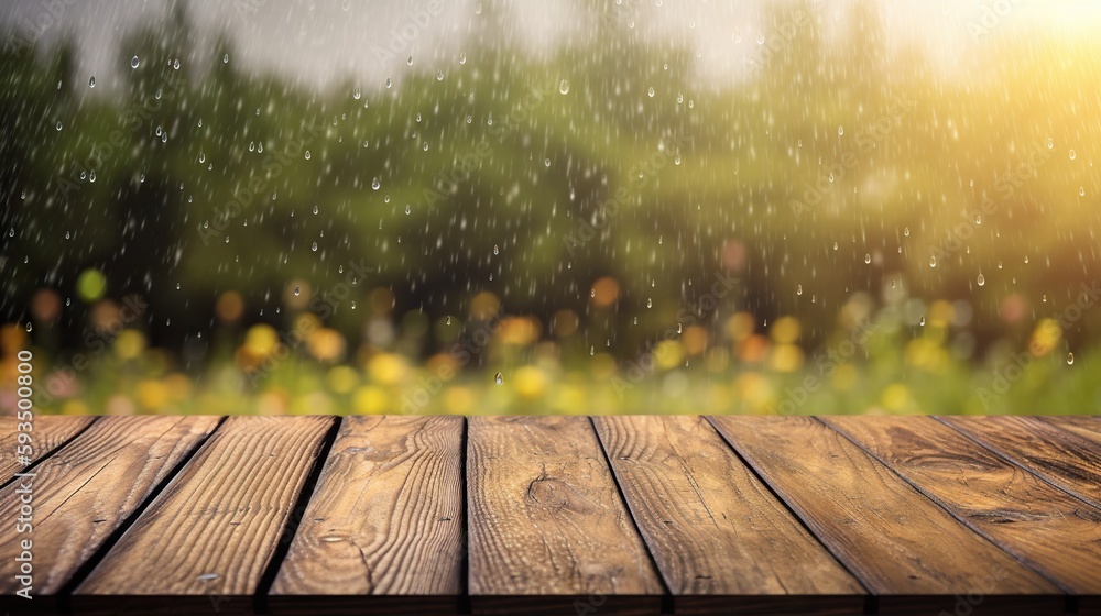 Wood table mockup with summer rain over green landscape. Empty copy space for product presentation. 