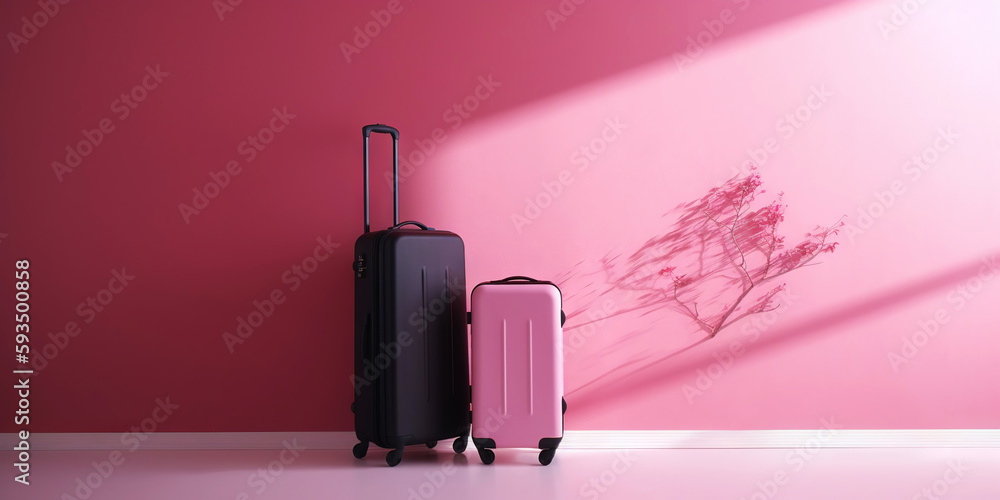 Pink travel suitcase, on pink background. Trip concept. Generative AI