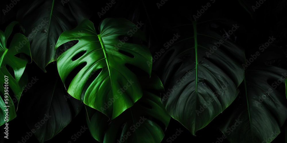 closeup nature view of green leaf and palms background. Flat lay, dark nature concept, tropical leaf