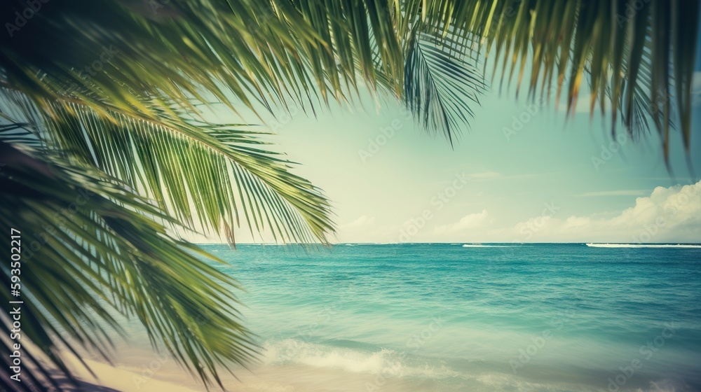 Tropical summer seascape with palm leaves, beach and paradise ocean. Vacation and travel backdrop. G