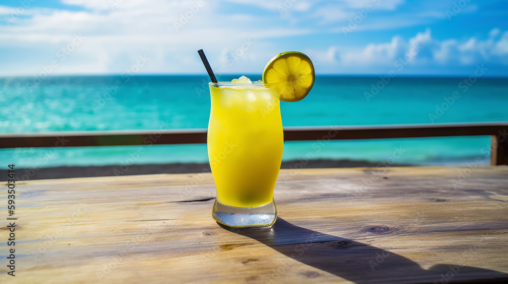 Bob Marley cocktail on background with blue sea and sky tropical background. Generative AI