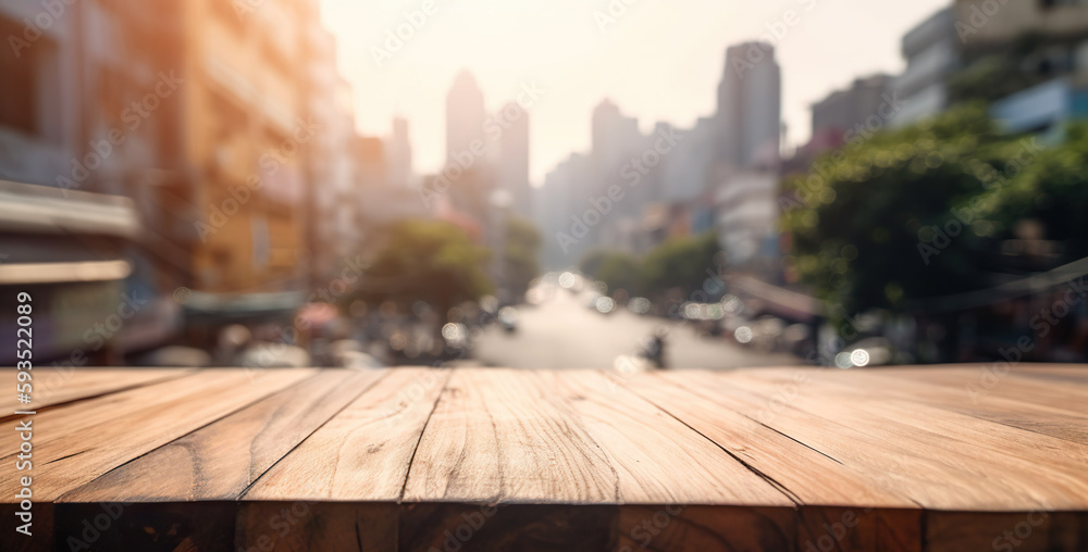 Wood table mockup with Mumbai city street in shallow depth of field. Copy space for product. Generat