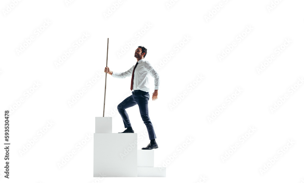 Business man climbing a block of stairs on a transparent background