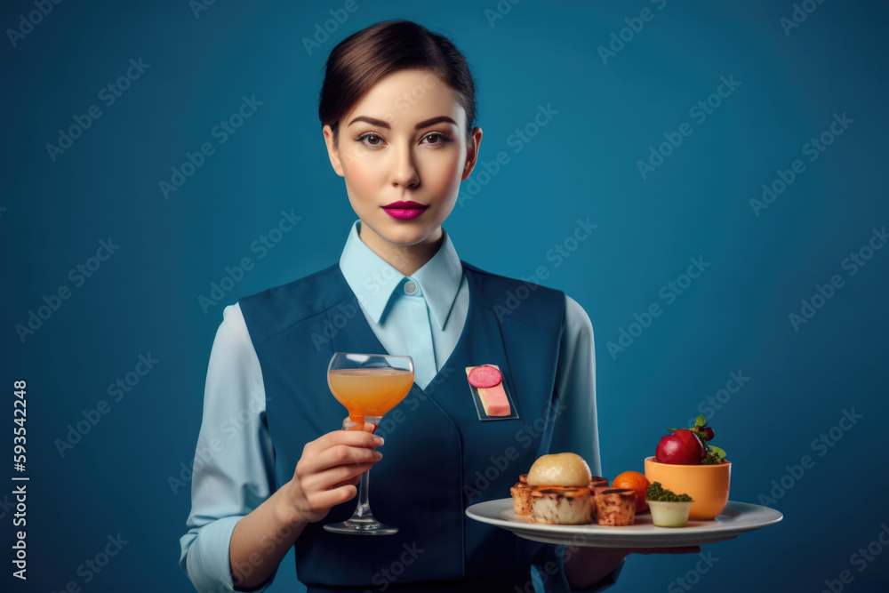 In-Flight Drink Service: Air Hostess Holding a Drink and a Meal on Pastel Blue Background with Space