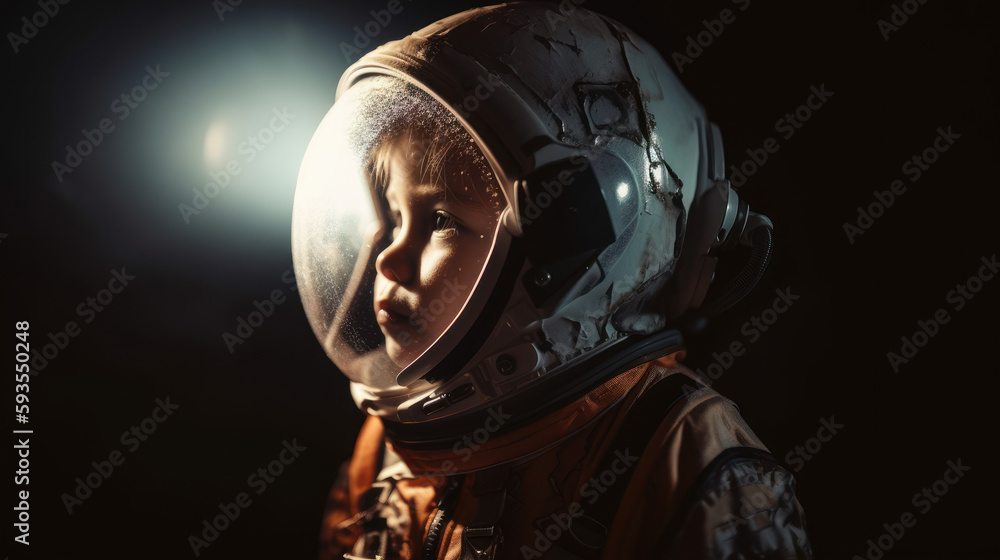 Little kid wearing spacesuit. Cosmonaut concept. Ai generated.