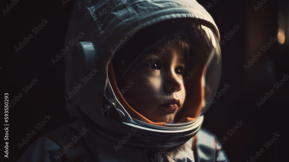 Little kid wearing spacesuit. Cosmonaut concept. Ai generated.