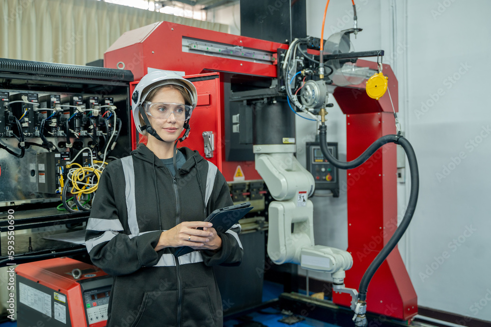 Engineer working with automation robot arms machine in intelligent factory industrial.