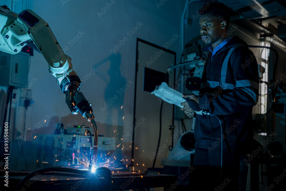 Engineer inspection control a robot arm welding machine with a remote system in an industrial factor