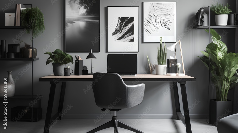 Modern and stylish home office setup featuring ergonomic furniture and decorative elements for remot