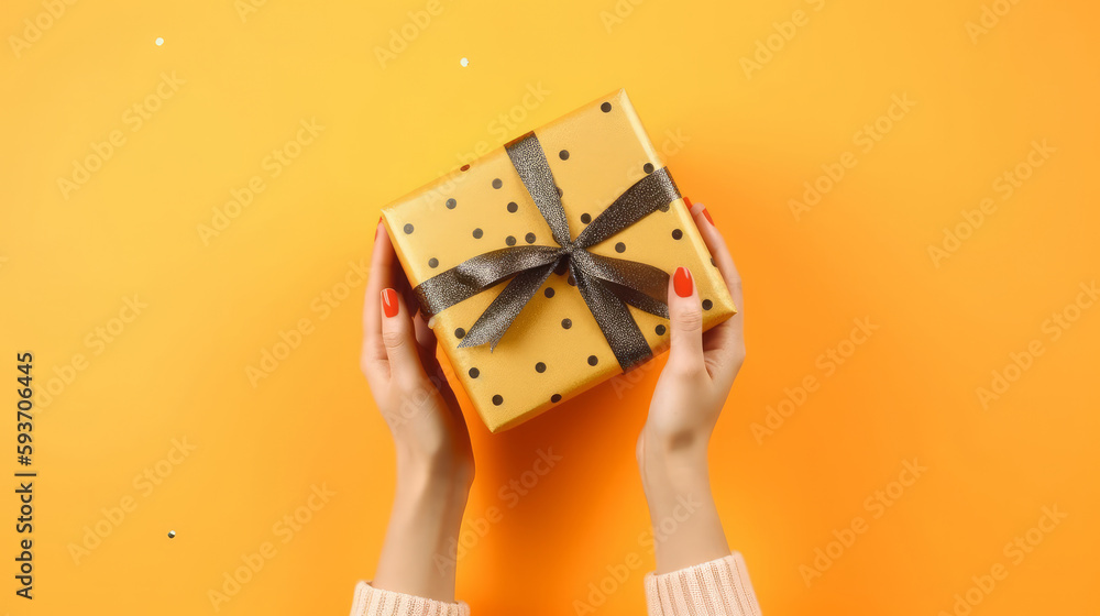 Yellow background with gift box. Illustration AI Generative.