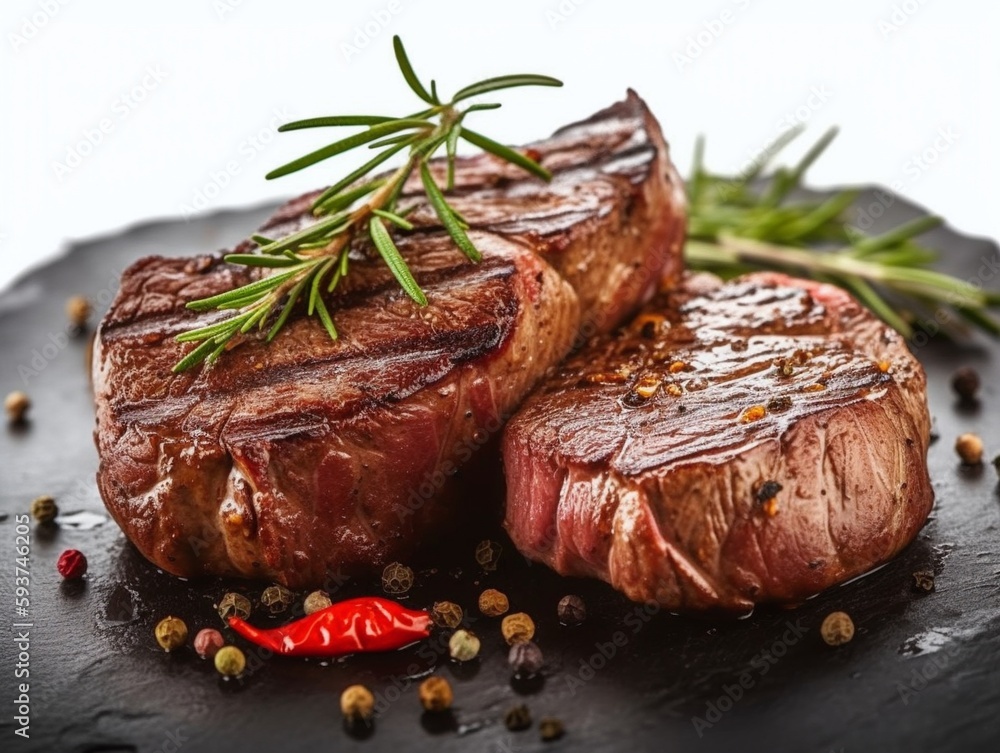 Grilled steak with rosemary and spices on a white background