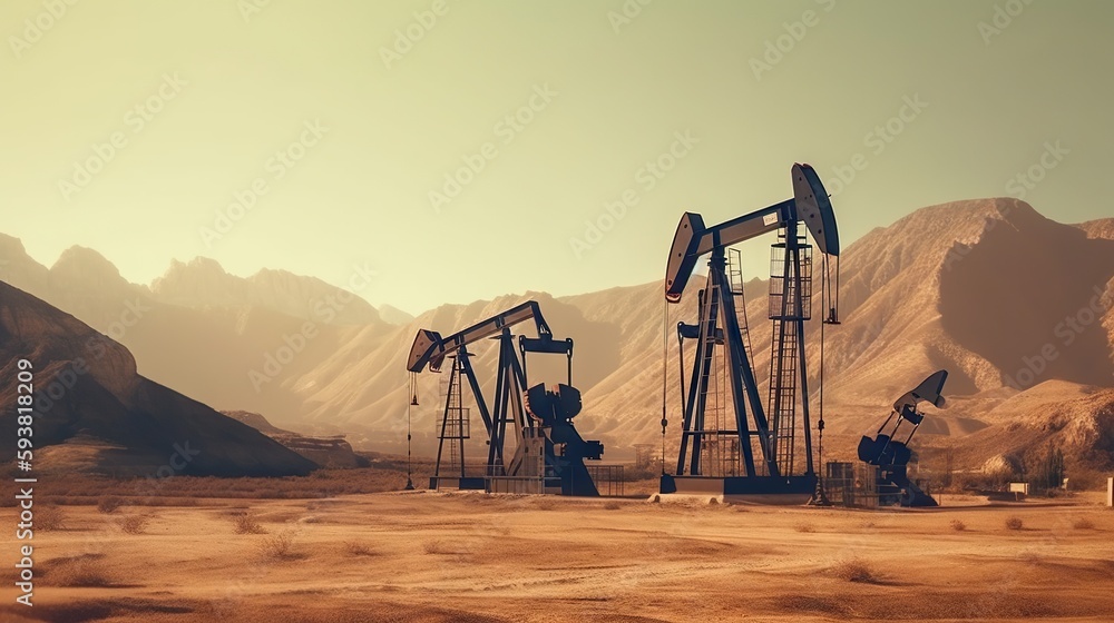 Working oil pumps in mountains. Natural resources industry. Oil rig. Generative AI