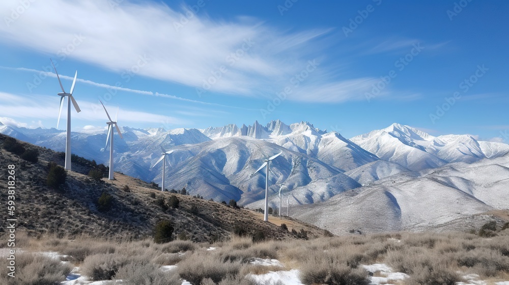 Power generating Windmills in Mountains. Green energy. Generative AI