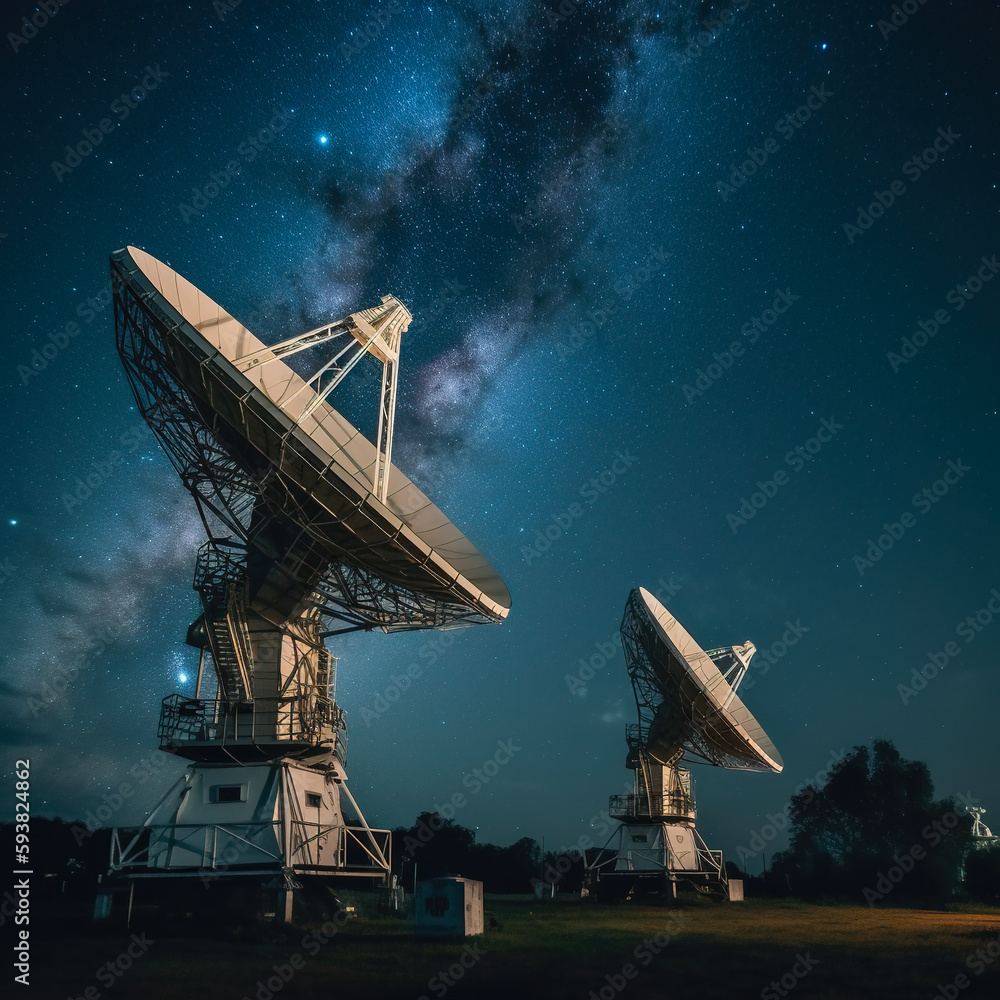 Radio telescopes and the Milky Way at night