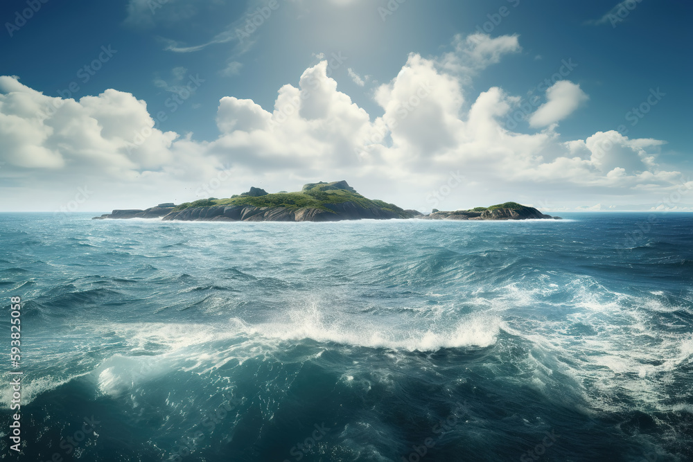 Island, clouds on the horizon. Tropical Island Resort Travel.