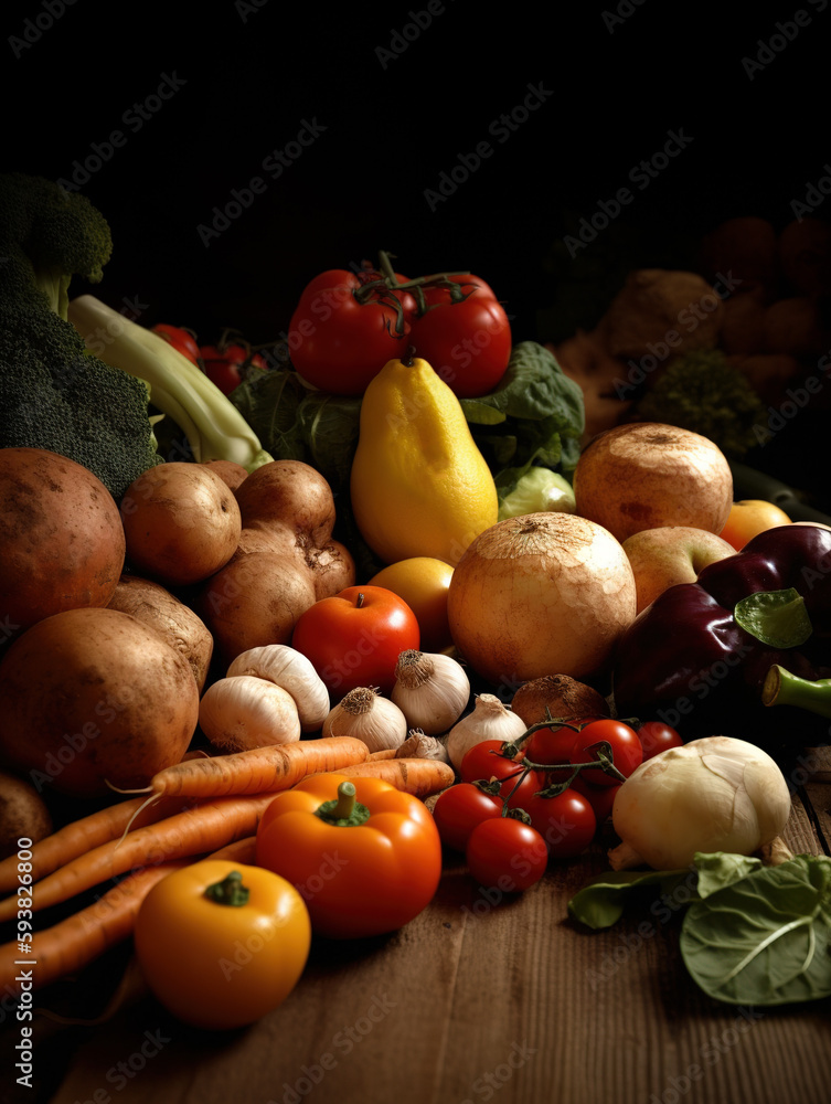 Autumn vegetables and fruits on a black stone background: pumpkin,