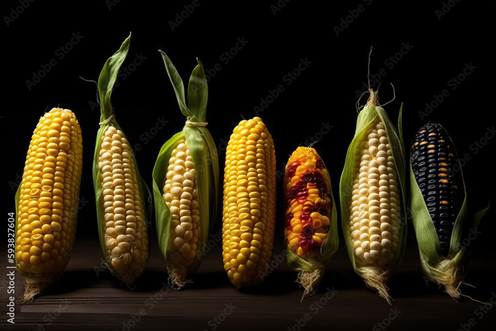 The background is black transgenic corn vegetables