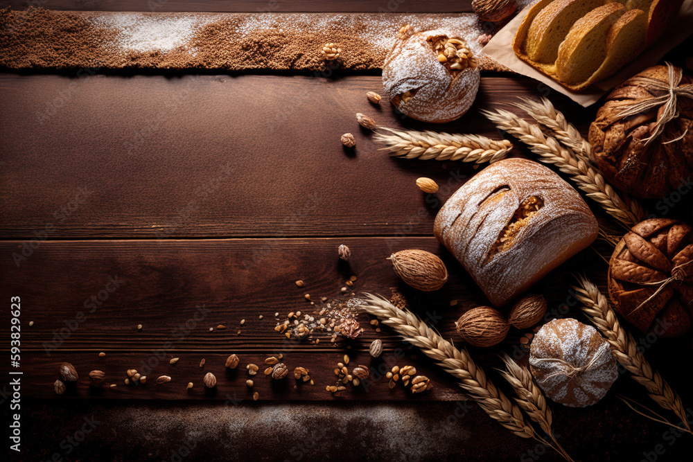 A rough roll or French baguette with wheat and flour on a colored blackboard. Rural kitchen or baker