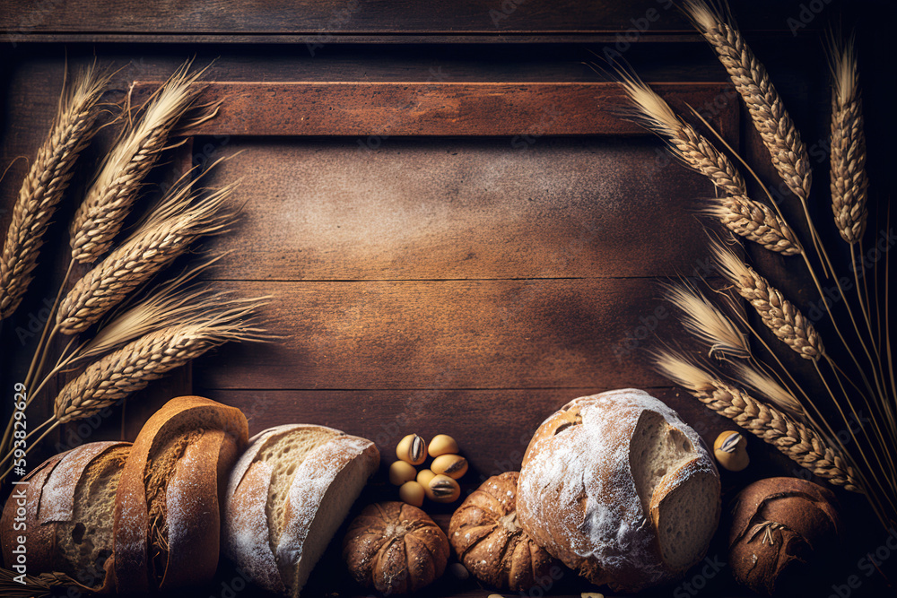 A rough roll or French baguette with wheat and flour on a colored blackboard. Rural kitchen or baker