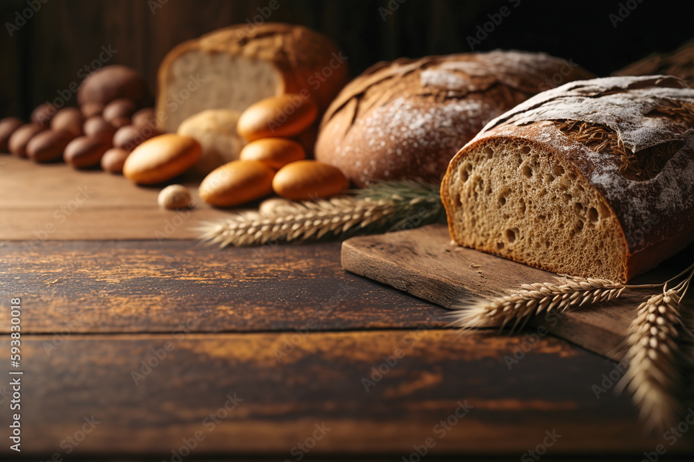 Rustic bread roll or french baguette, wheat and flour on black chalkboard. Rural kitchen or bakery -