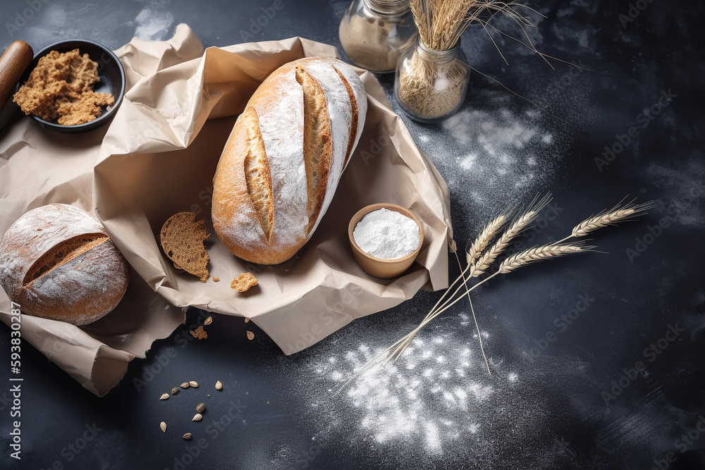 Rustic bread roll or french baguette, wheat and flour on black chalkboard. Rural kitchen or bakery -