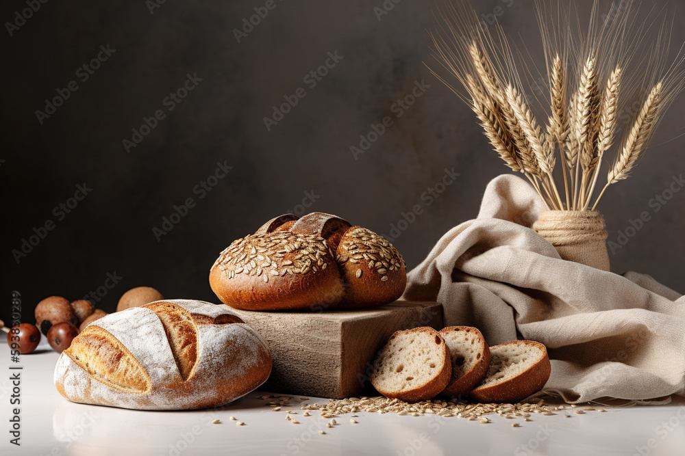 Rustic bread roll or french baguette, wheat and flour on black chalkboard. Rural kitchen or bakery -