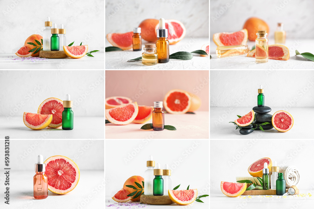 Collage with bottles of grapefruit essential oil on light background