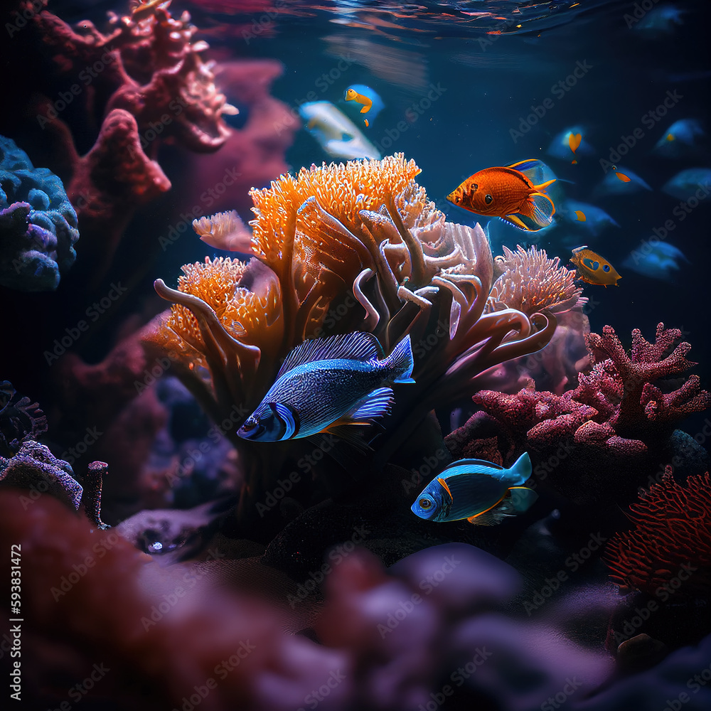 Underwater view of the coral reef. Life in tropical waters.