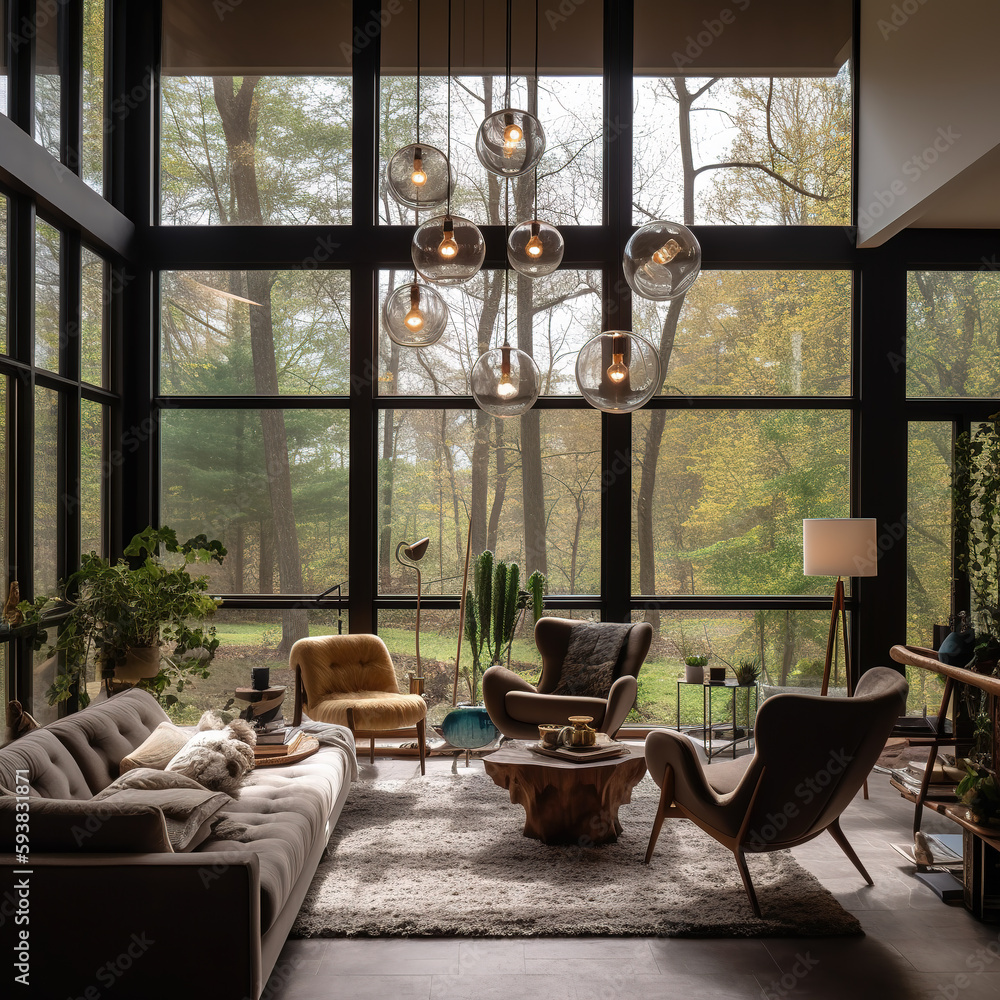 Interior view of french window indoor living room and forest view outside the window of villa reside