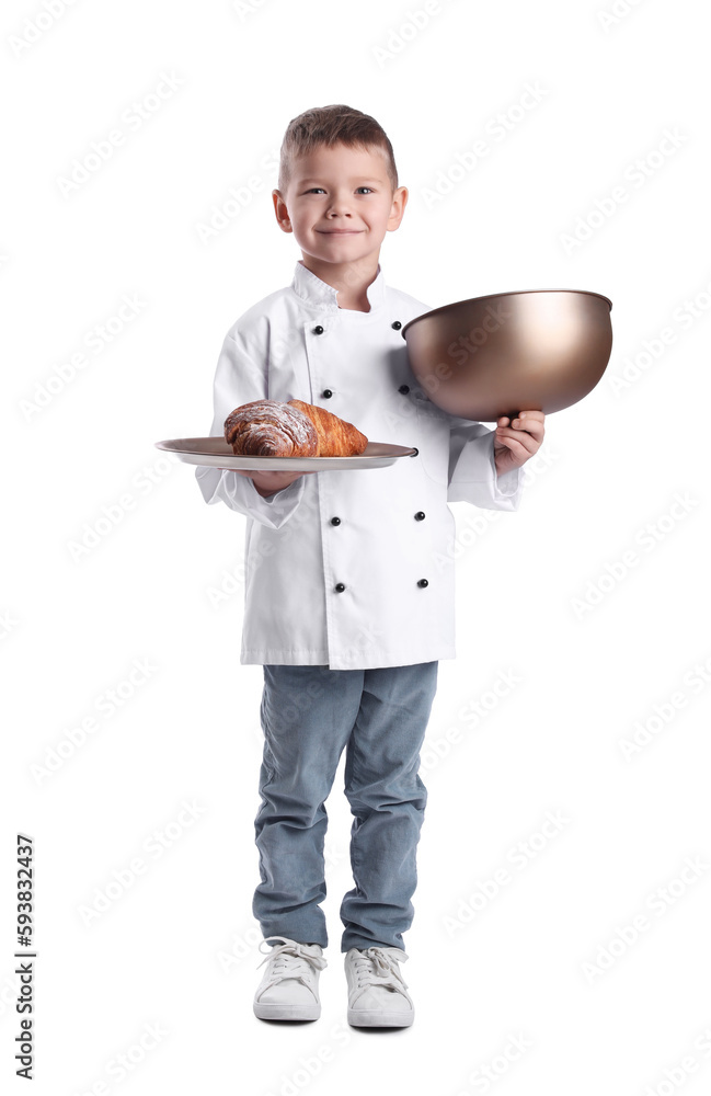 Cute little chef with tray of croissants on white background