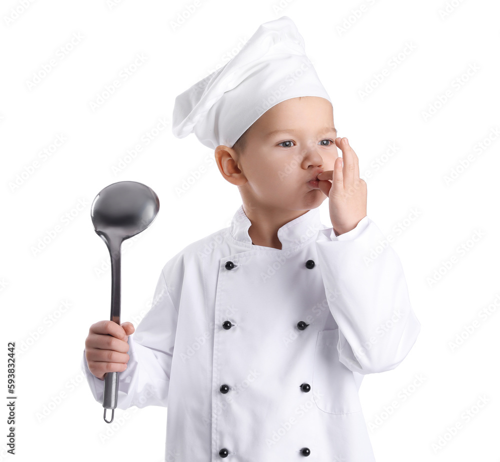 Cute little chef with ladle on white background