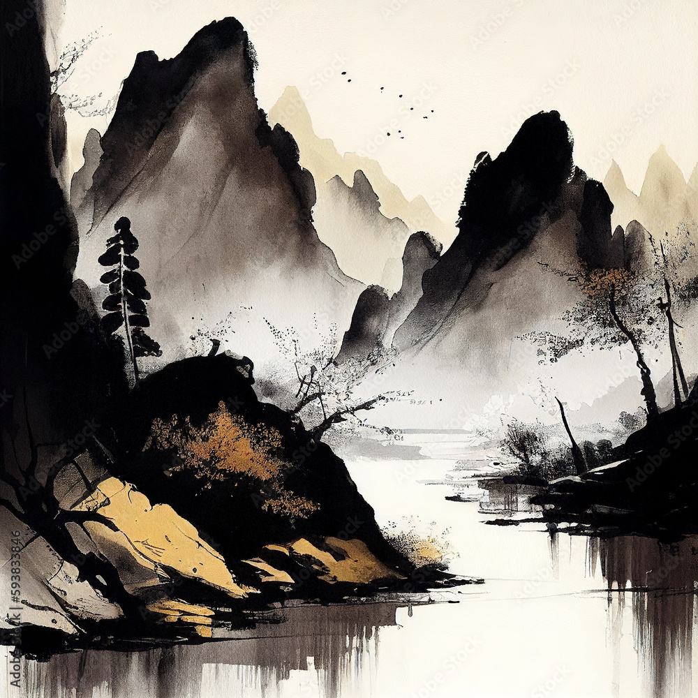 Chinese watercolor landscape painting