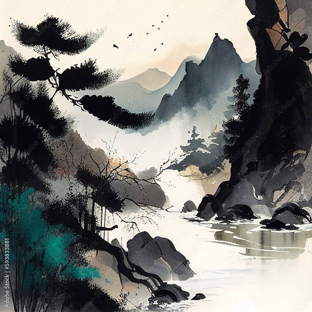 Chinese watercolor landscape painting