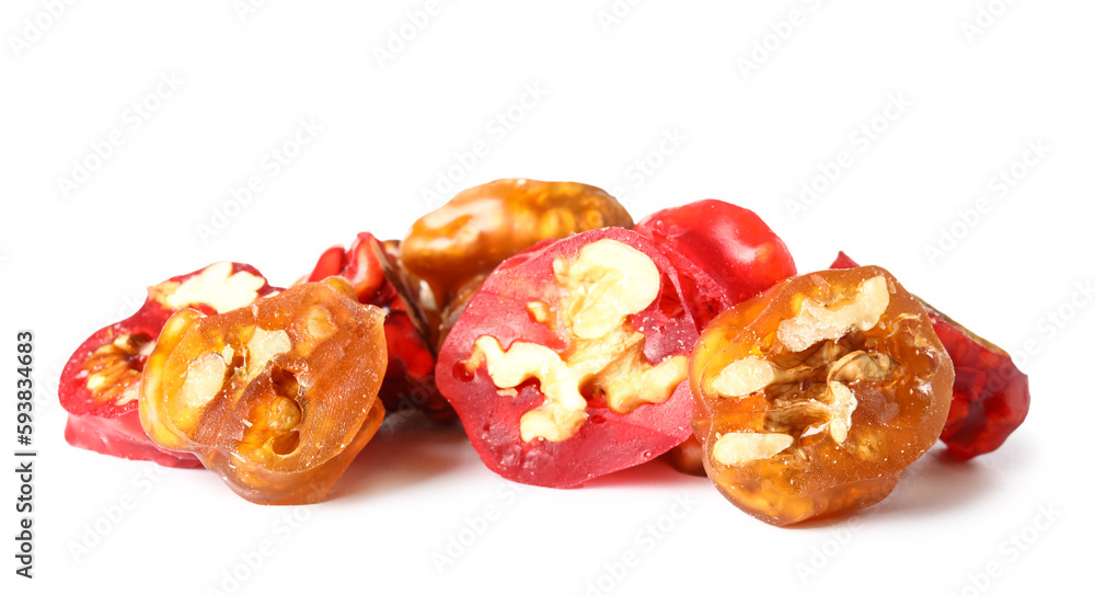 Pieces of delicious churchkhela isolated on white background