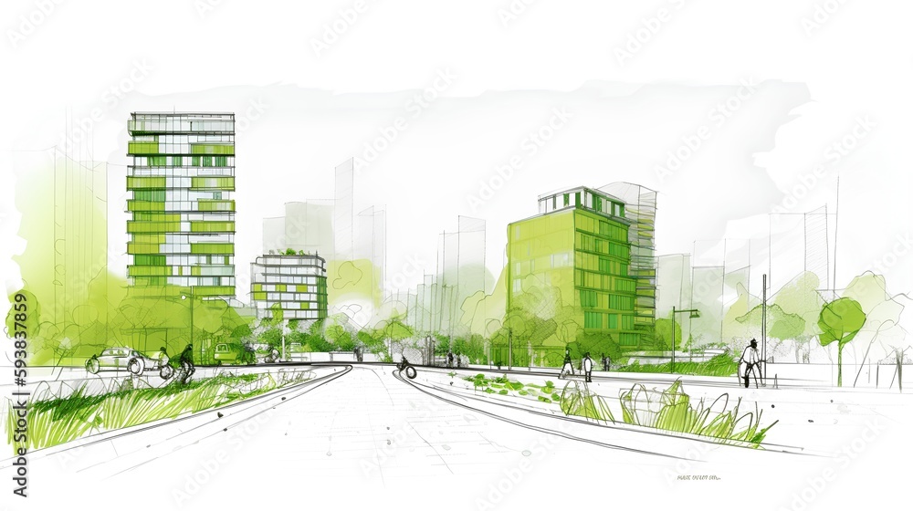 Sustainable urban design featuring eco-friendly elements. Generative AI