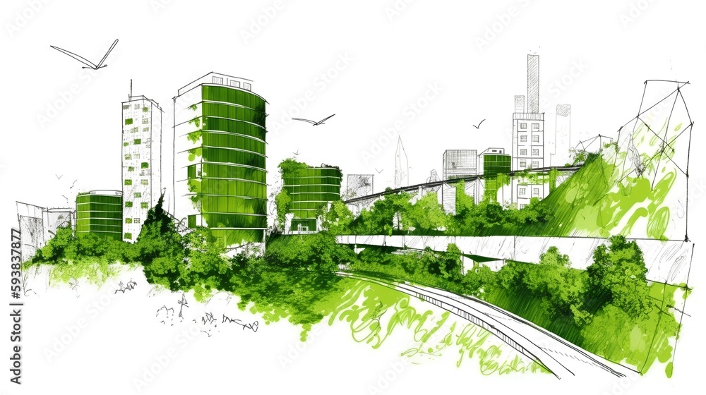 Sustainable urban design featuring eco-friendly elements. Generative AI