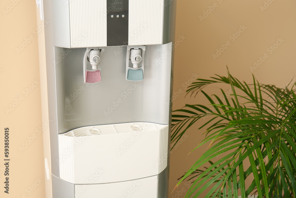 Modern water cooler and houseplant on beige background