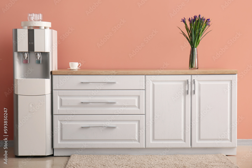 Interior of kitchen with modern water cooler near coral wall