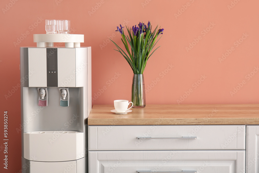 Interior of kitchen with modern water cooler near coral wall