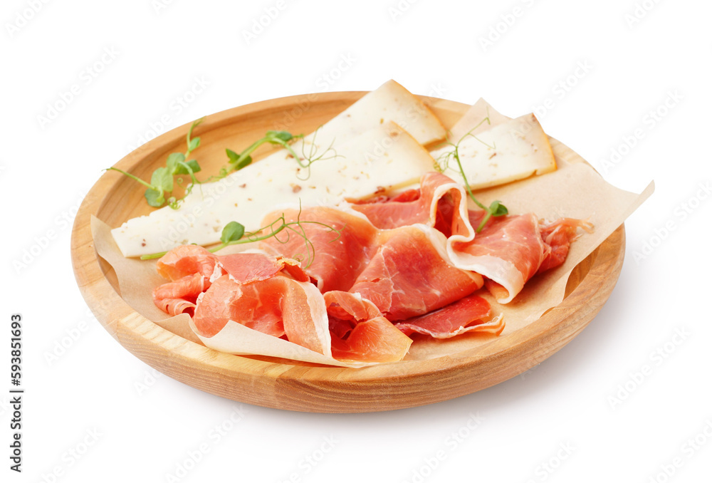 Plate with slices of tasty jamon and cheese on white background