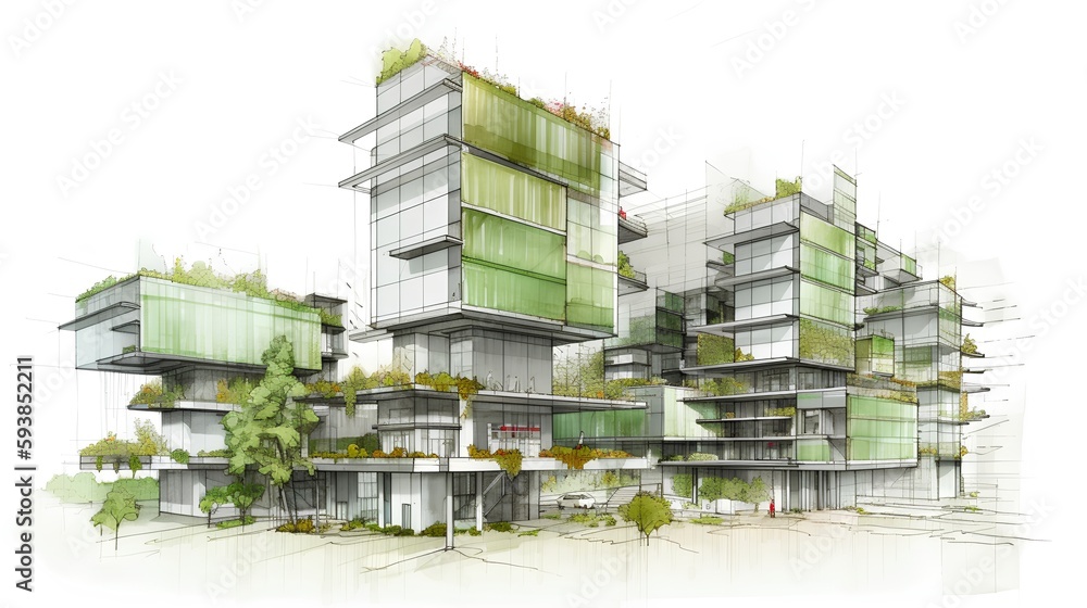 Sketch of a sustainable residential complex with green roofs, vertical gardens, and rainwater harves