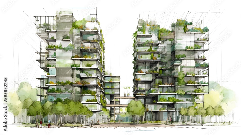 Sketch of a sustainable residential complex with green roofs, vertical gardens, and rainwater harves