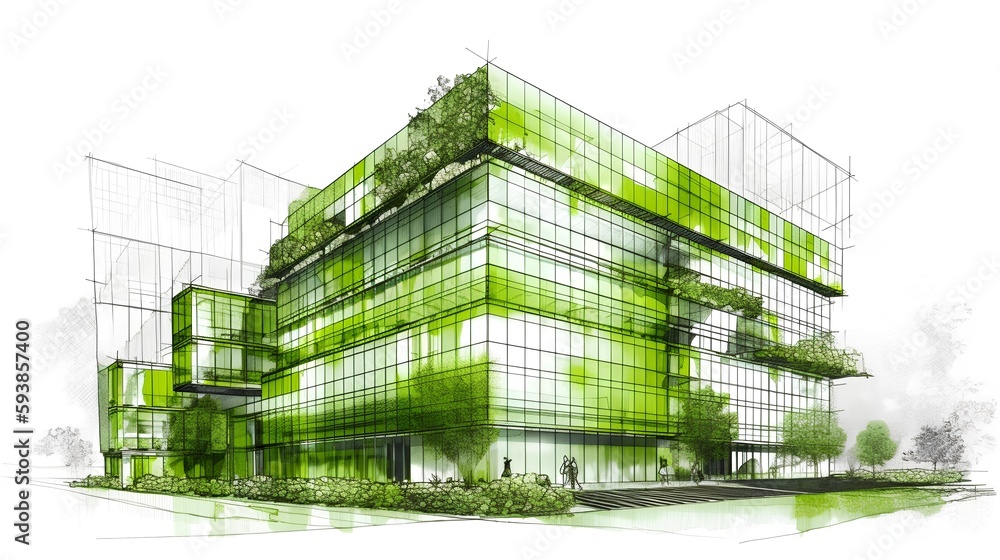 Sustainable office building sketch showcasing green roofs, energy-efficient windows, and green facad