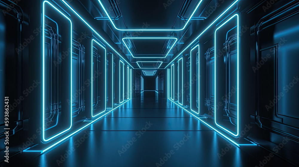 metal corridor with light blue neon in 3d futuristic style with Generative AI Technology