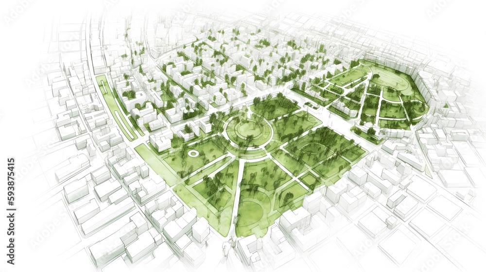 Urban planning sketch highlighting sustainable elements like green spaces, public transportation, an