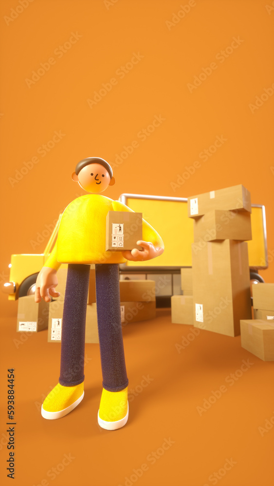 A delivery boy stands with a box in front of the truck